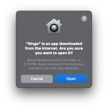 macOS security alert when opening Ringo for the first time