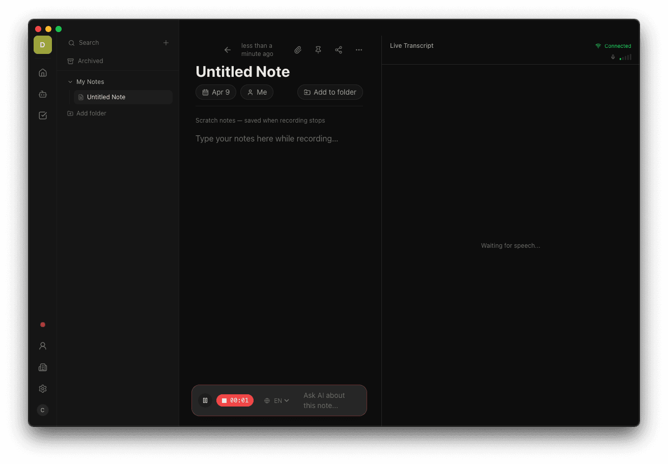 Recording in progress with live transcript