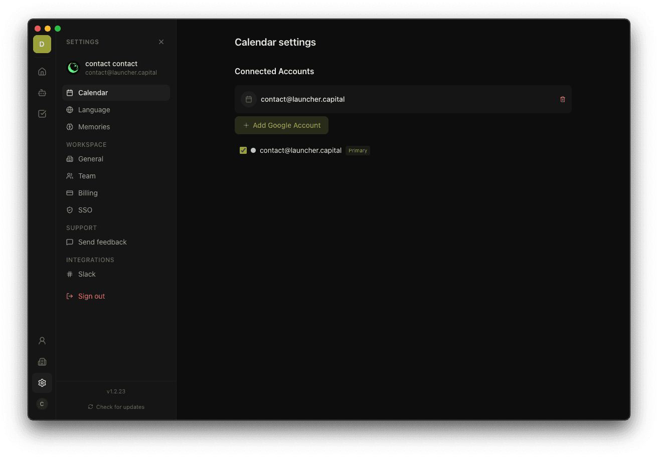 Settings → Calendar showing connected Google account