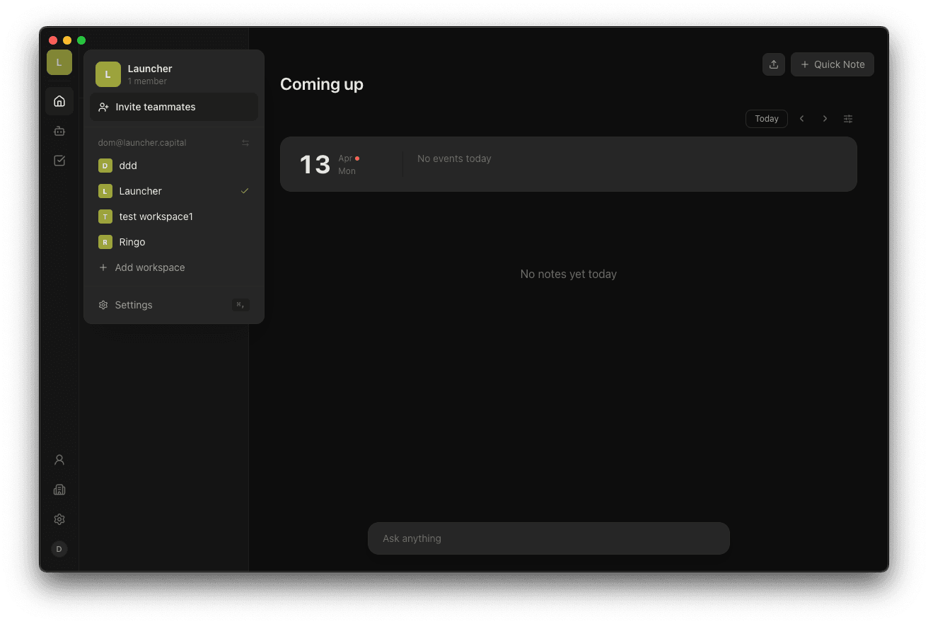 Workspace menu with Invite teammates option